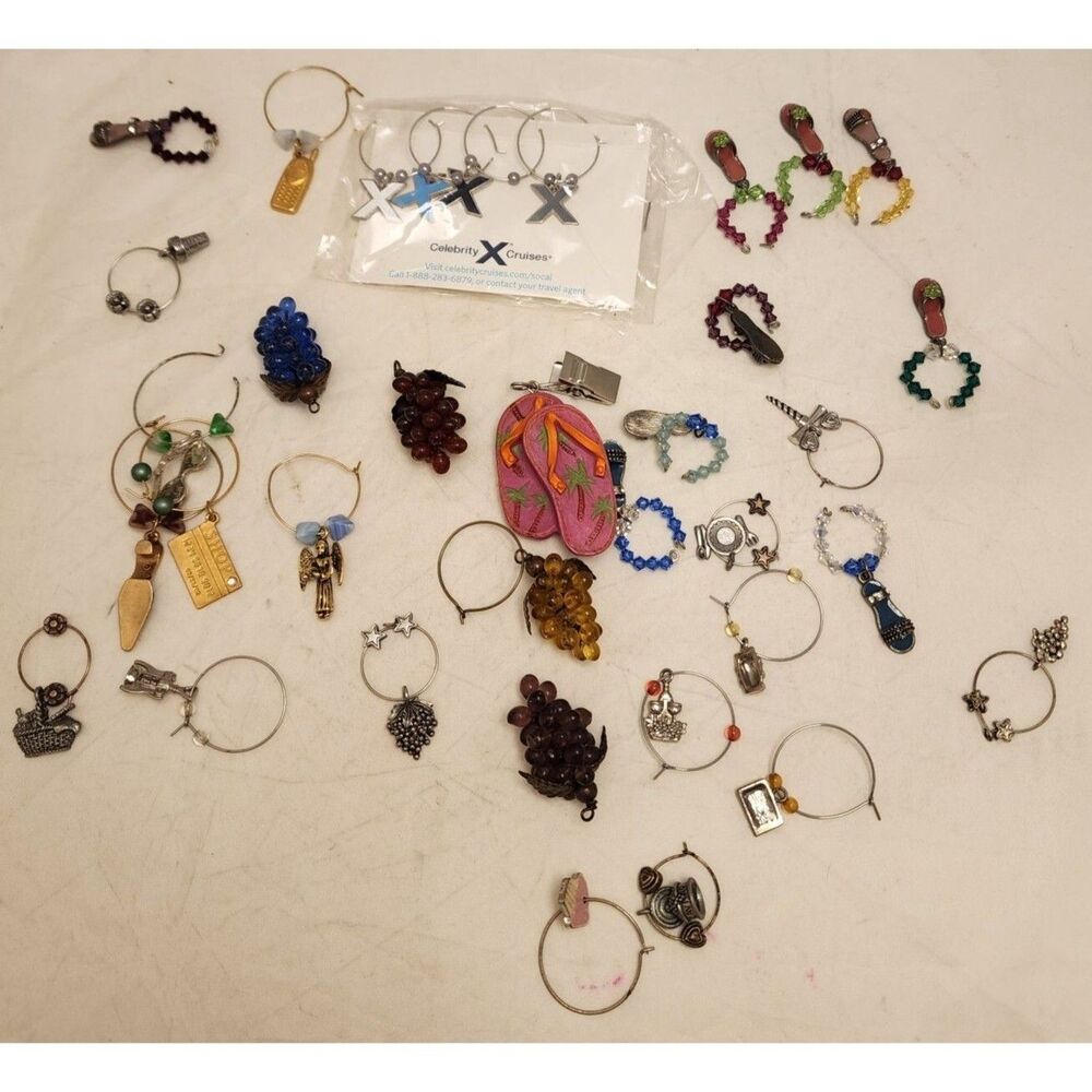 #2224 Wine Glass Charms mixed Lot of 28 pc grapes sandals wine bottles